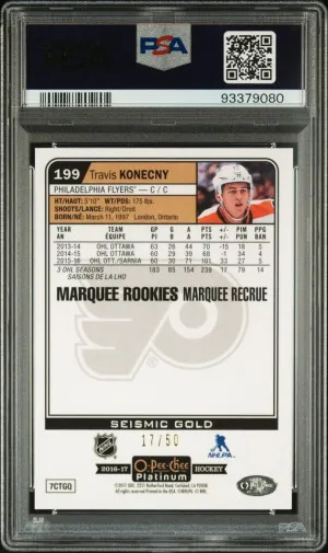 2016-17 O-Pee-Chee-Platinum Seismic Gold Marquee Rookies Travis Konecny #199 17/50 PSA 9 back